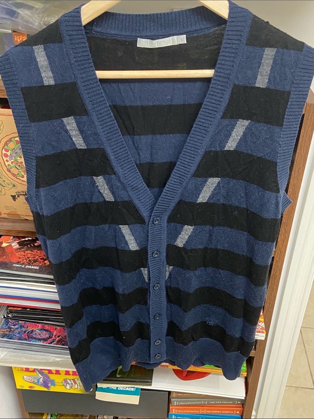 Billtornade Navy, Black and Gray Striped Button Wool Cardigan Vest
